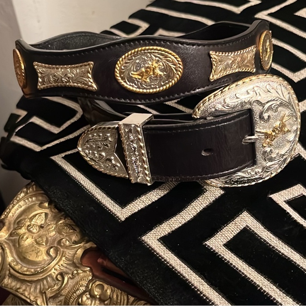 Black Leather Western Belt with Gold & Silver Conchos